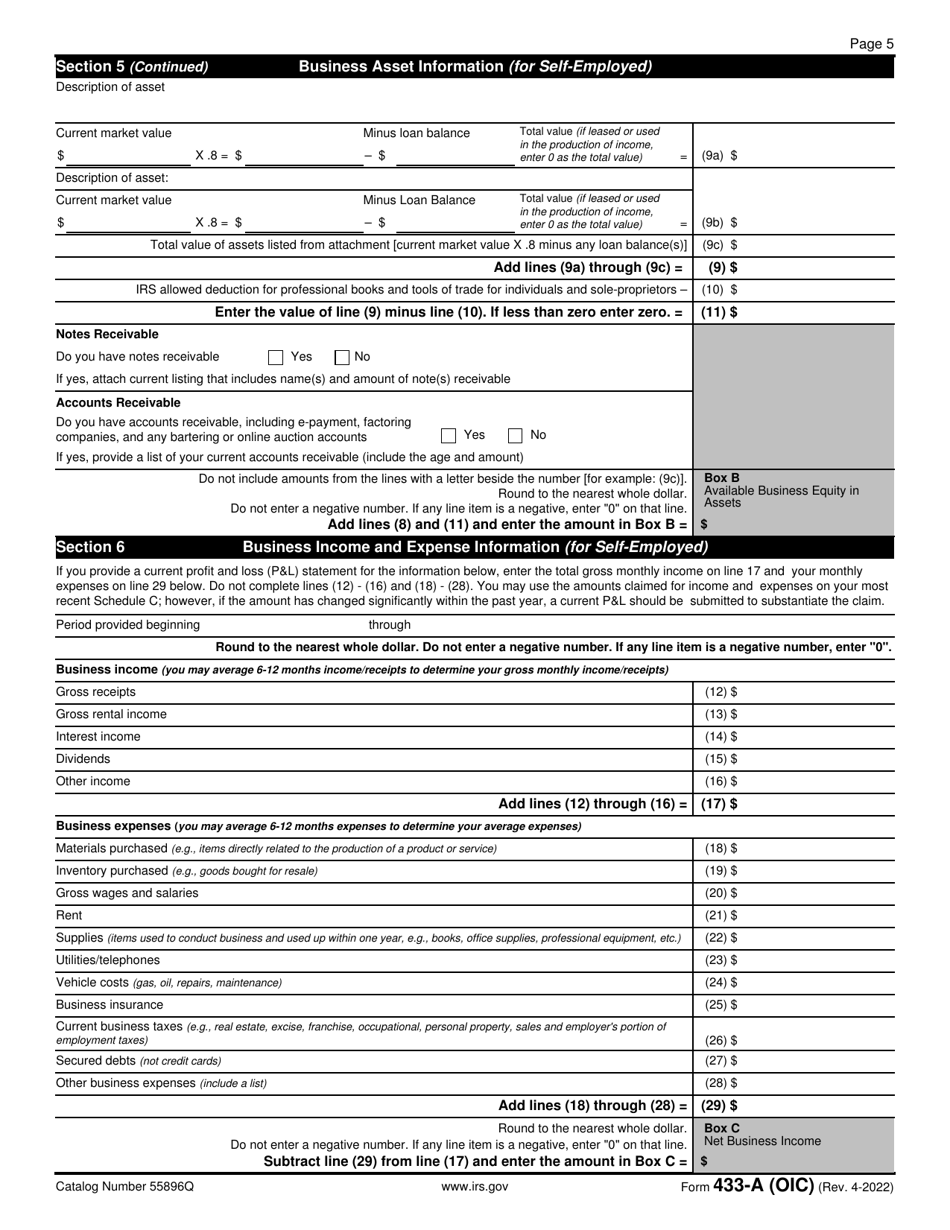 IRS Form 433-A (OIC) Collection Information Statement for Wage Earners and Self-employed Individuals, Page 5