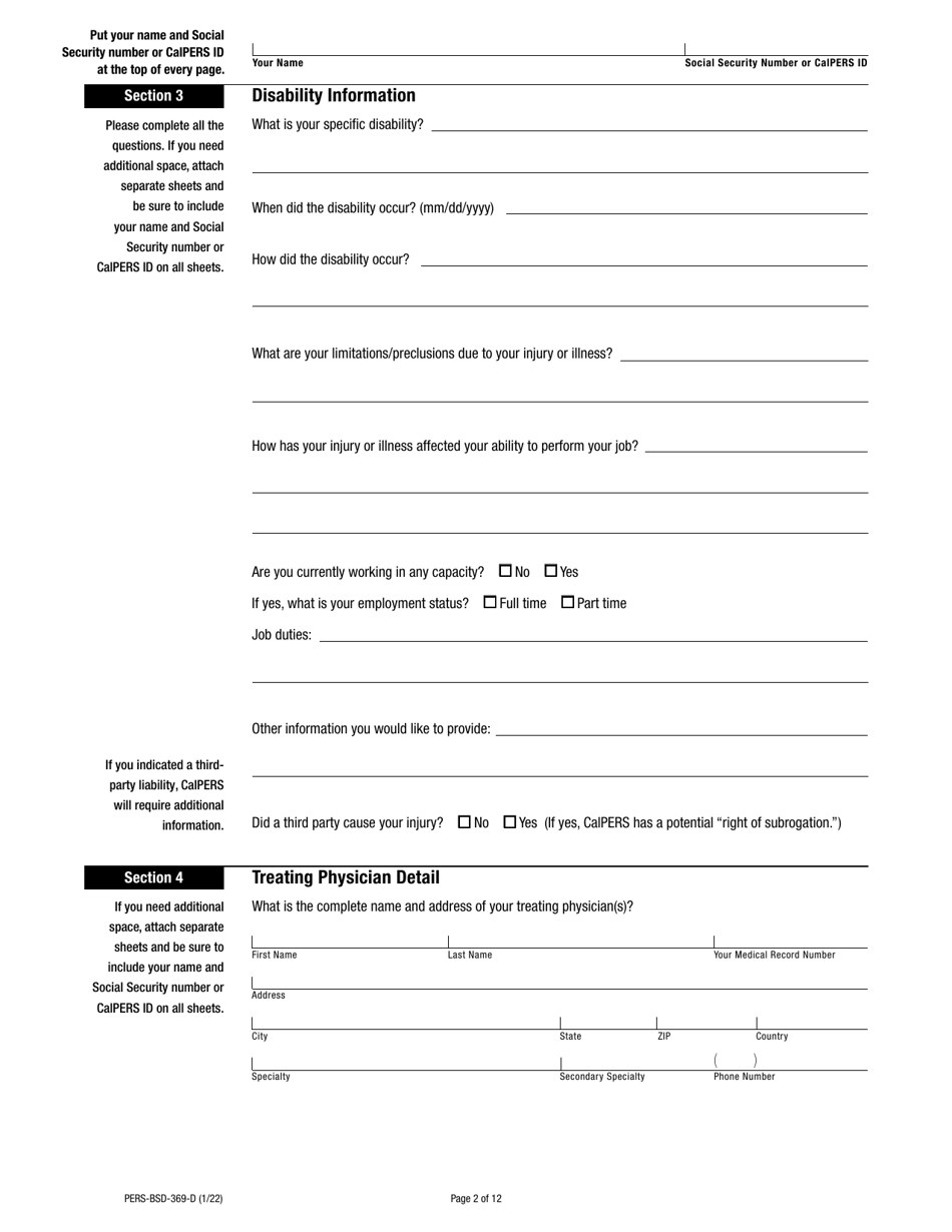 Form PERS-BSD-369-D Download Fillable PDF or Fill Online Disability ...