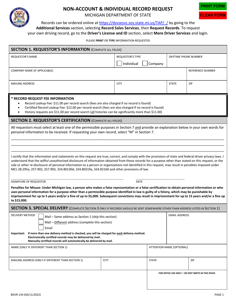 Form BDVR-154 Non-account  Individual Record Request - Michigan, Page 1