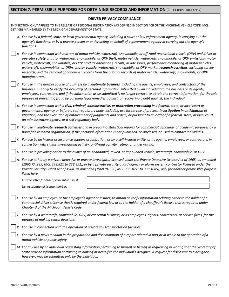 Form BDVR-154 Non-account  Individual Record Request - Michigan, Page 3