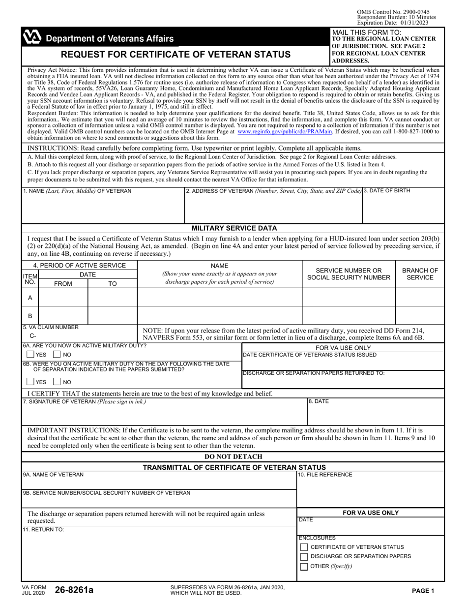 VA Form 26-8261A Request for Certificate of Veteran Status, Page 1