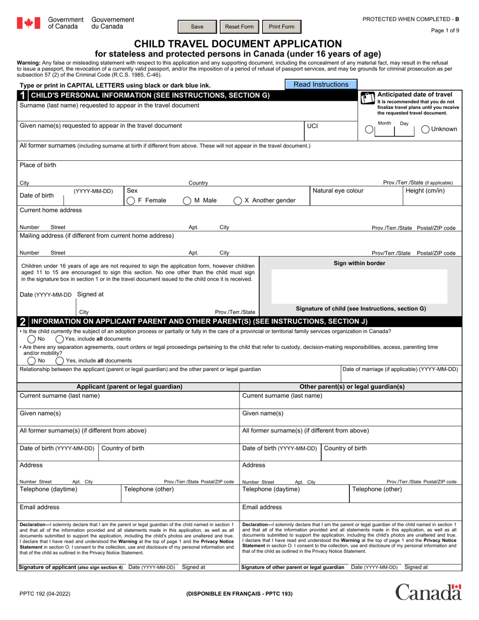 Form PPTC192 Child Travel Document Application for Stateless and Protected Persons in Canada (Under 16 Years of Age) - Canada, Page 1