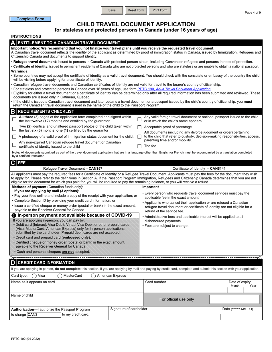 Form PPTC192 Download Fillable PDF or Fill Online Child Travel Document ...