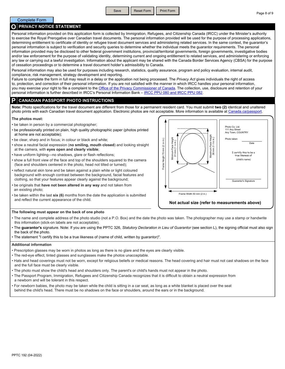 Form PPTC192 Child Travel Document Application for Stateless and Protected Persons in Canada (Under 16 Years of Age) - Canada, Page 8