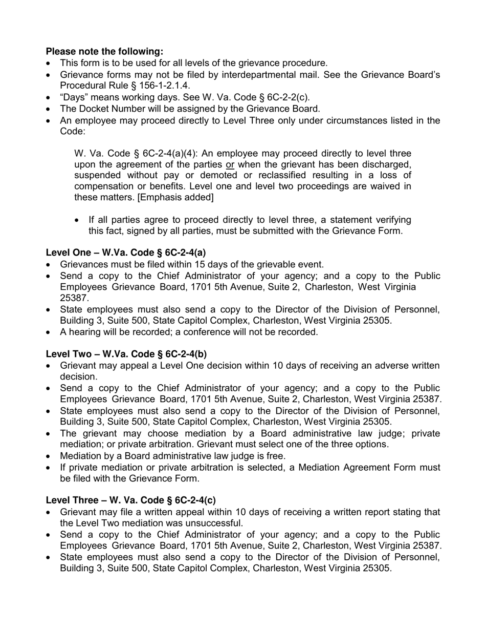 Grievance Form for Levels 1, 2, and 3 - West Virginia, Page 2