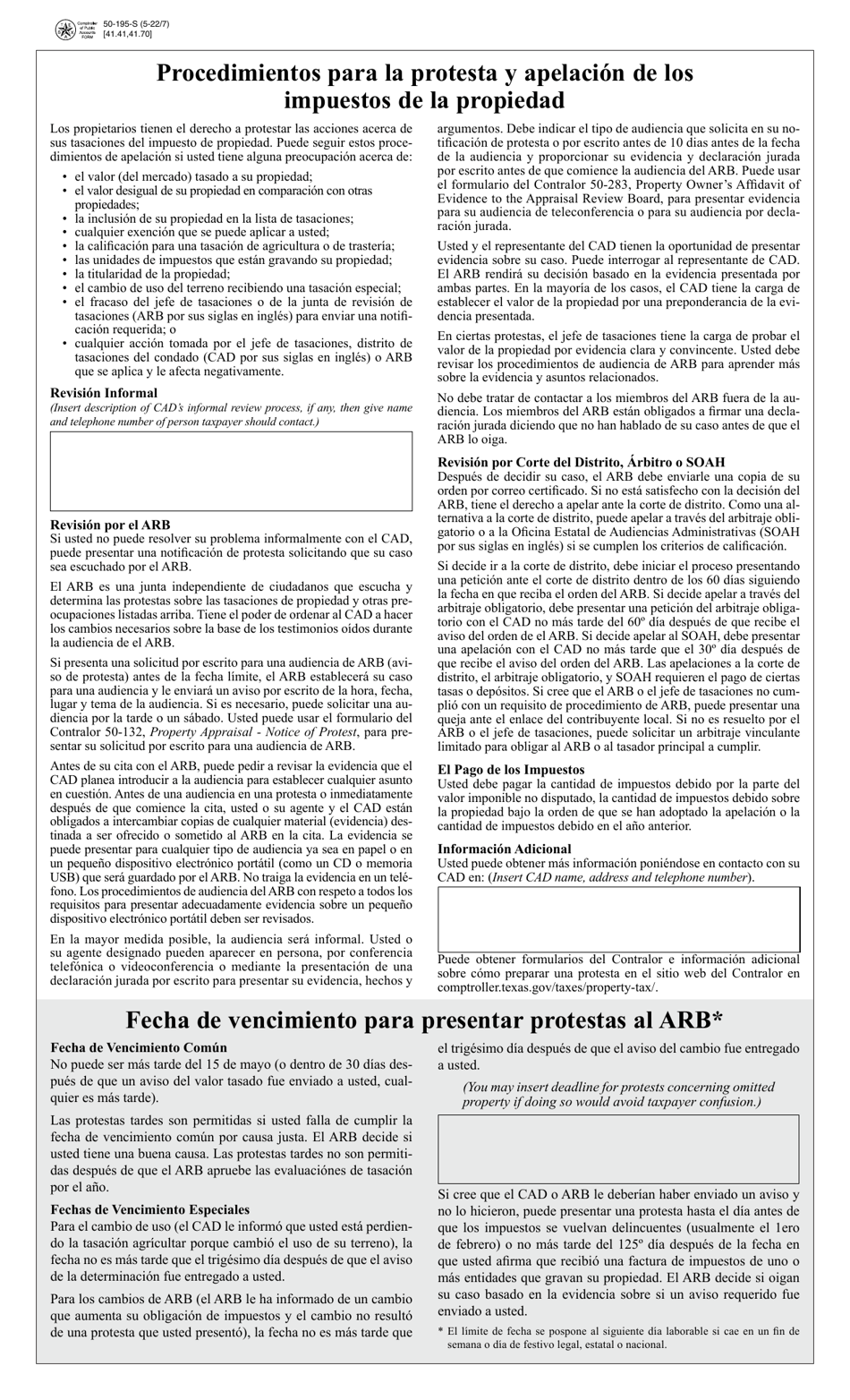 Formulario 50-195-S Procedimientos Para La Protesta Y Apelacion De Los Impuestos De La Propiedad - Texas (Spanish), Page 1