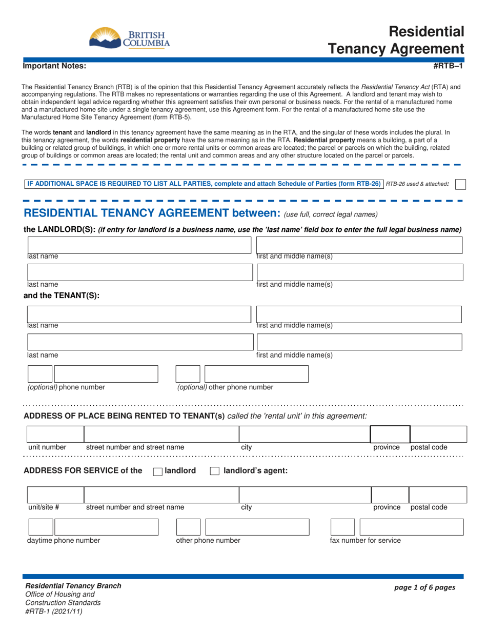 Form RTB-1 Residential Tenancy Agreement - British Columbia, Canada, Page 1