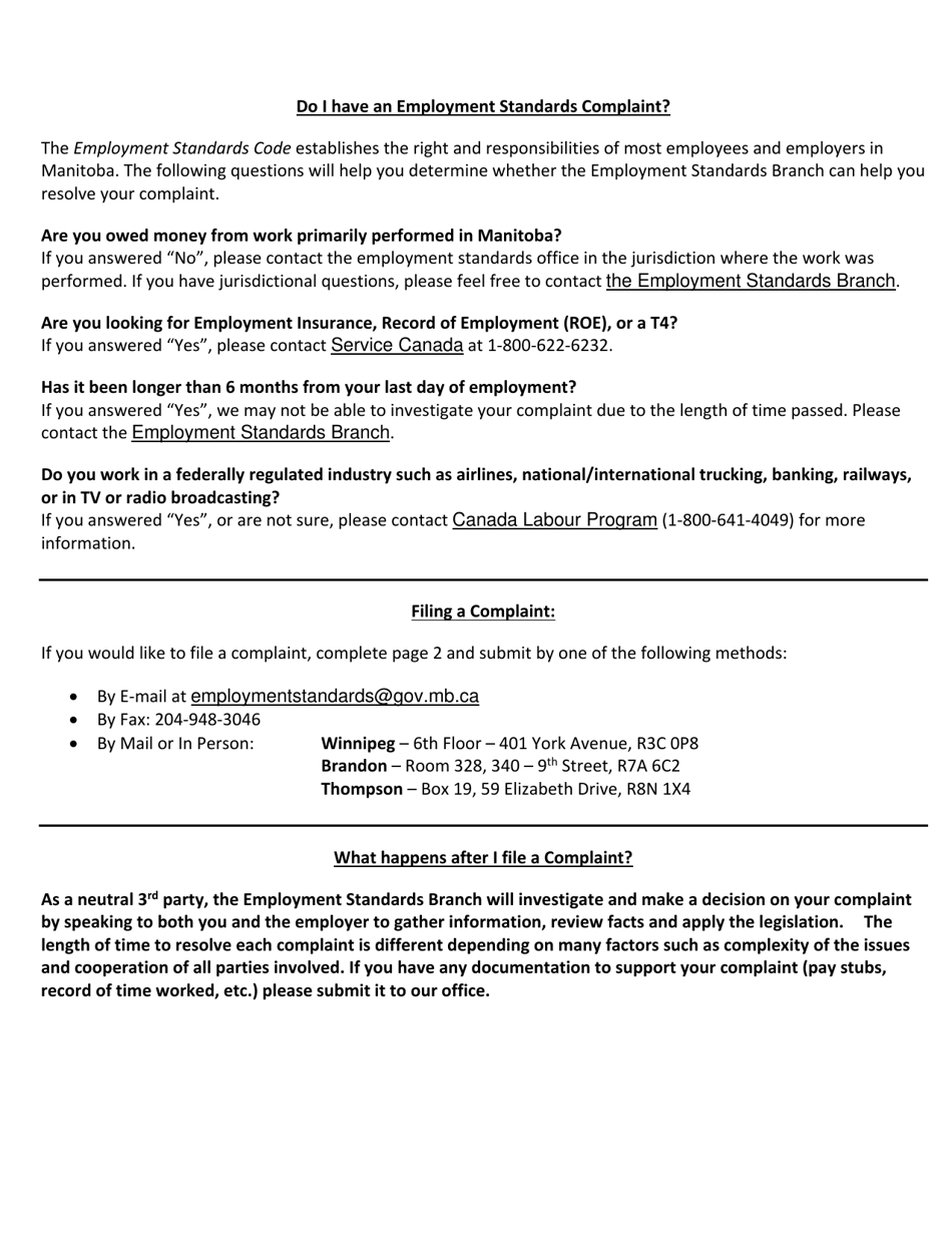 Employment Standards Complaint Form - Manitoba, Canada (English / French), Page 1