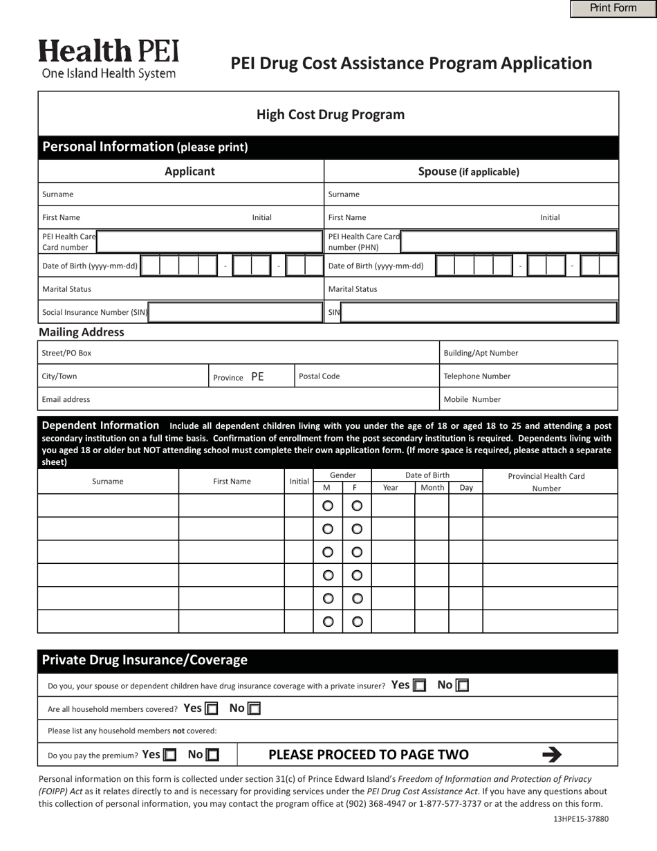 Form 13HPE15-37880 Pei Drug Cost Assistance Program Application - High Cost Drug Program - Prince Edward Island, Canada, Page 1