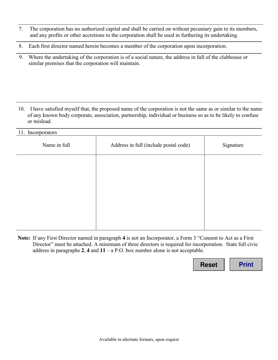 Form 001 Articles of Incorporation (Without Share Capital) - Manitoba, Canada, Page 3