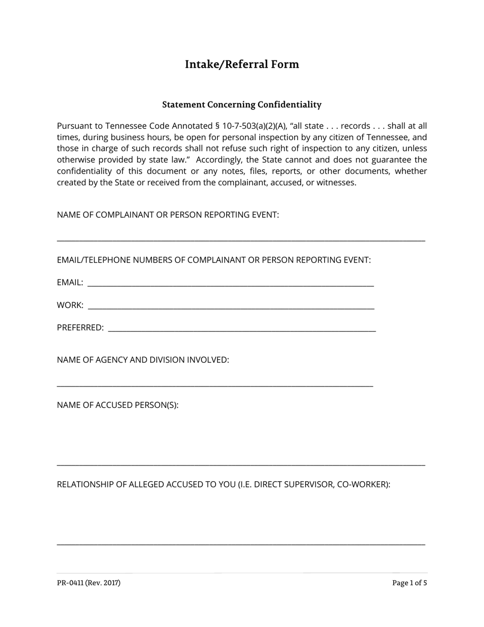 Form PR-0411 Workplace Harassment Intake / Referral Form - Tennessee, Page 1