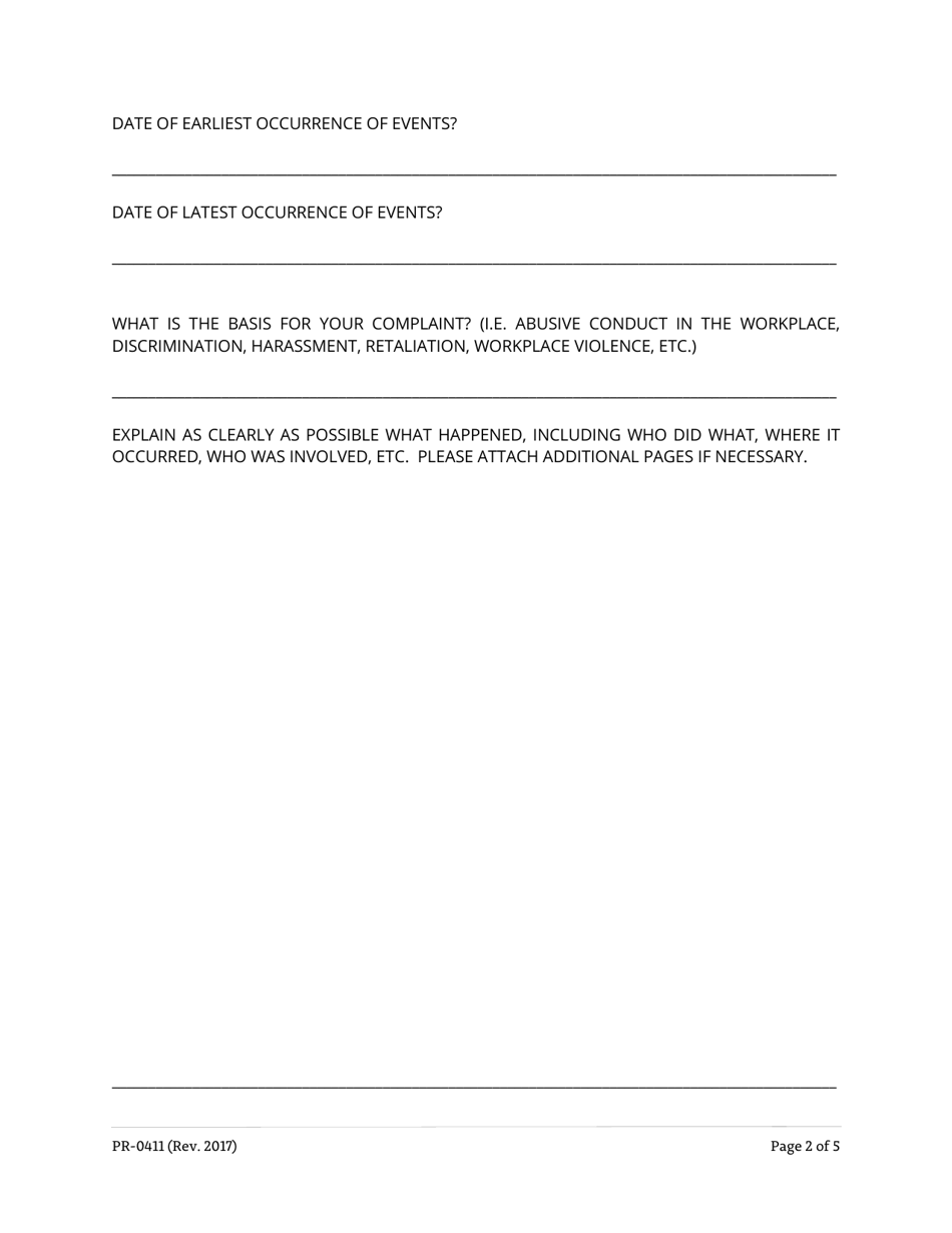 Form PR-0411 Workplace Harassment Intake / Referral Form - Tennessee, Page 2