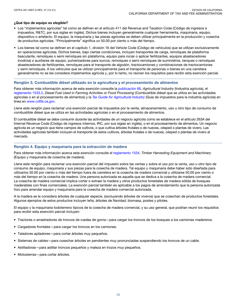 Instrucciones para Formulario CDTFA-401-A-S Declaracion Del Impuesto Sobre Las Ventas Y Sobre El Uso Estatal, Local Y De Distrito - California (Spanish), Page 10