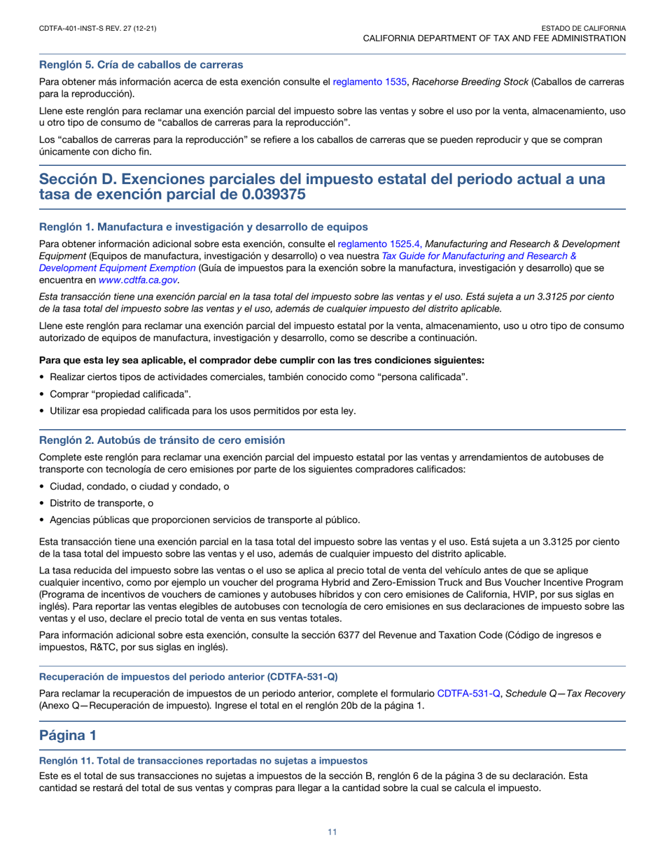 Instrucciones para Formulario CDTFA-401-A-S Declaracion Del Impuesto Sobre Las Ventas Y Sobre El Uso Estatal, Local Y De Distrito - California (Spanish), Page 11