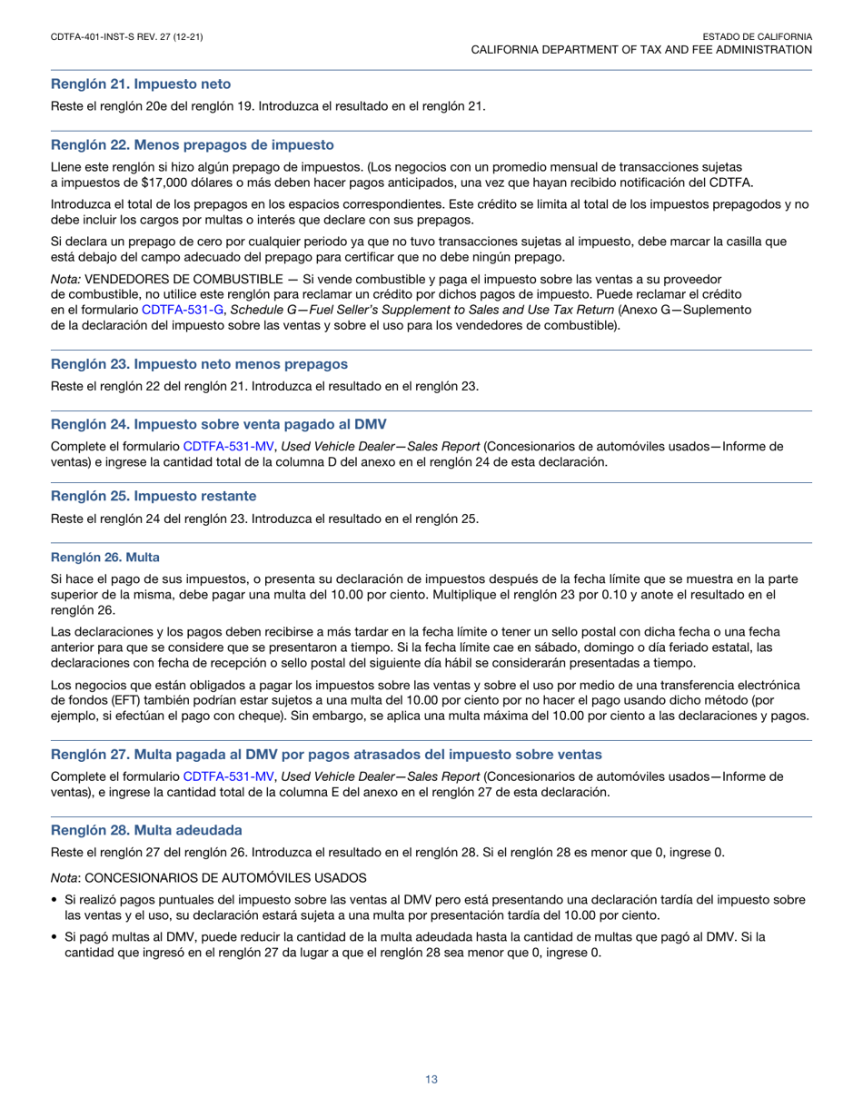 Instrucciones para Formulario CDTFA-401-A-S Declaracion Del Impuesto Sobre Las Ventas Y Sobre El Uso Estatal, Local Y De Distrito - California (Spanish), Page 13