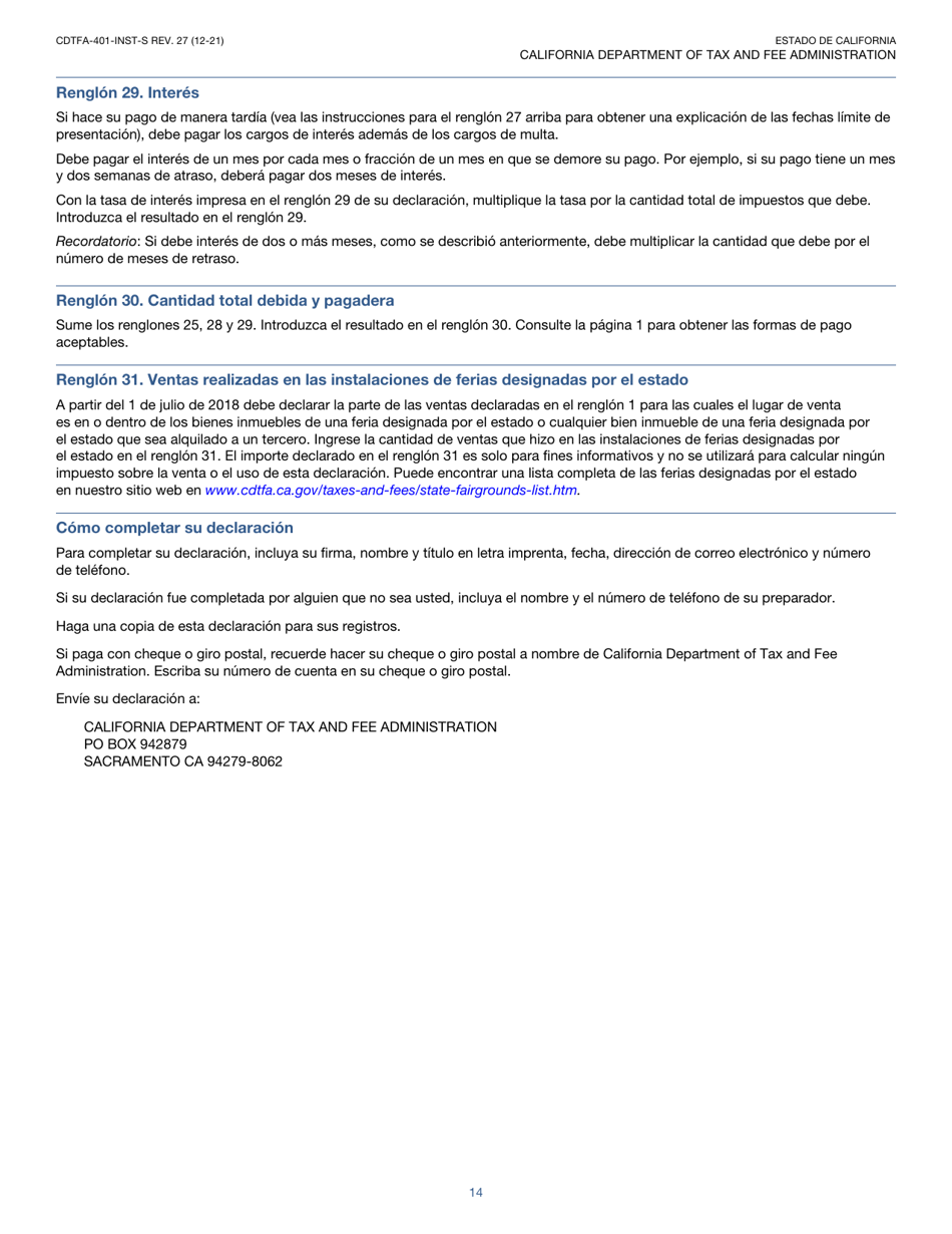 Instrucciones para Formulario CDTFA-401-A-S Declaracion Del Impuesto Sobre Las Ventas Y Sobre El Uso Estatal, Local Y De Distrito - California (Spanish), Page 14