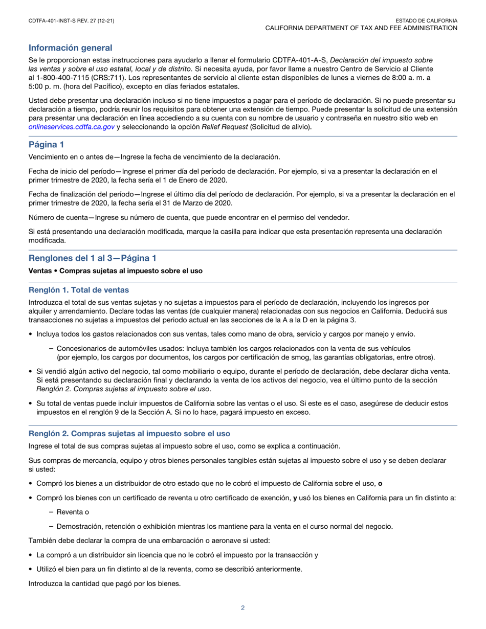Instrucciones para Formulario CDTFA-401-A-S Declaracion Del Impuesto Sobre Las Ventas Y Sobre El Uso Estatal, Local Y De Distrito - California (Spanish), Page 2