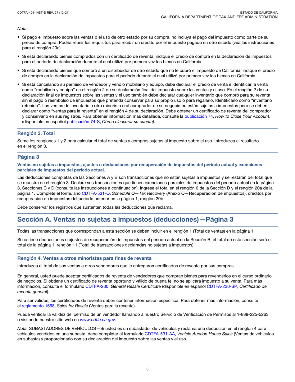 Instrucciones para Formulario CDTFA-401-A-S Declaracion Del Impuesto Sobre Las Ventas Y Sobre El Uso Estatal, Local Y De Distrito - California (Spanish), Page 3