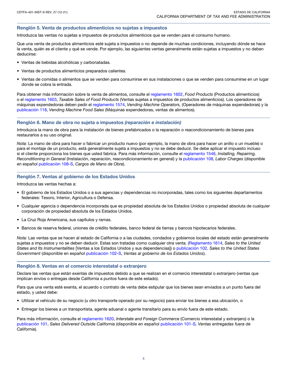 Instrucciones para Formulario CDTFA-401-A-S Declaracion Del Impuesto Sobre Las Ventas Y Sobre El Uso Estatal, Local Y De Distrito - California (Spanish), Page 4