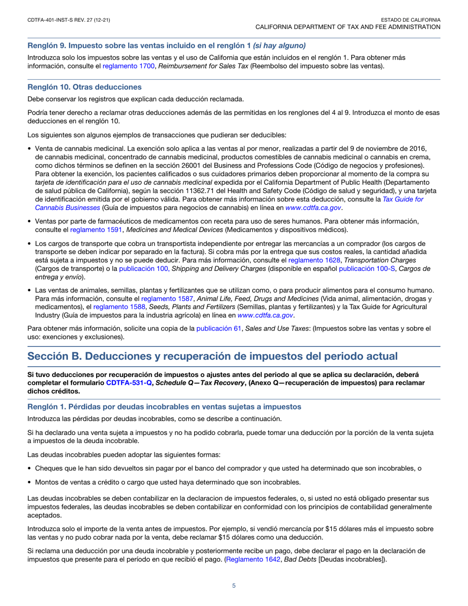 Instrucciones para Formulario CDTFA-401-A-S Declaracion Del Impuesto Sobre Las Ventas Y Sobre El Uso Estatal, Local Y De Distrito - California (Spanish), Page 5