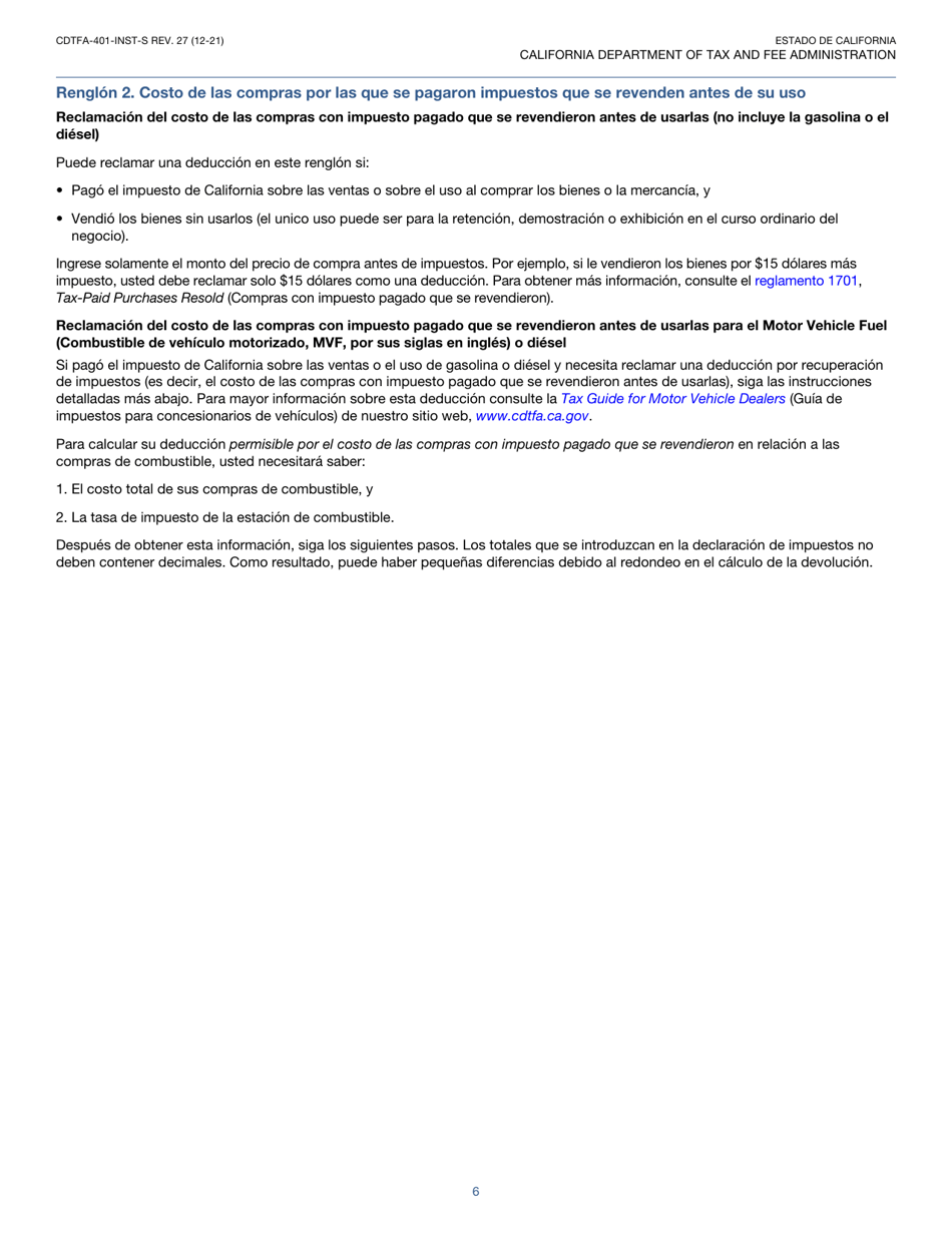 Instrucciones para Formulario CDTFA-401-A-S Declaracion Del Impuesto Sobre Las Ventas Y Sobre El Uso Estatal, Local Y De Distrito - California (Spanish), Page 6