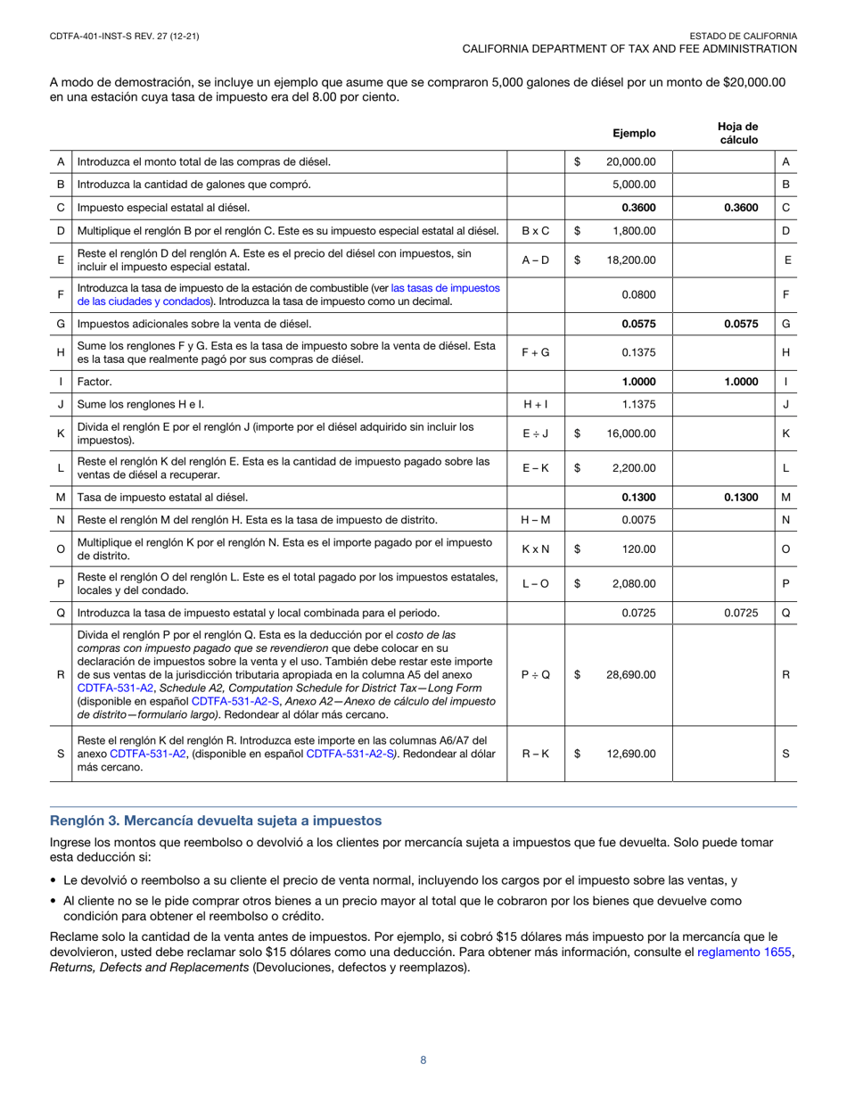 Instrucciones para Formulario CDTFA-401-A-S Declaracion Del Impuesto Sobre Las Ventas Y Sobre El Uso Estatal, Local Y De Distrito - California (Spanish), Page 8