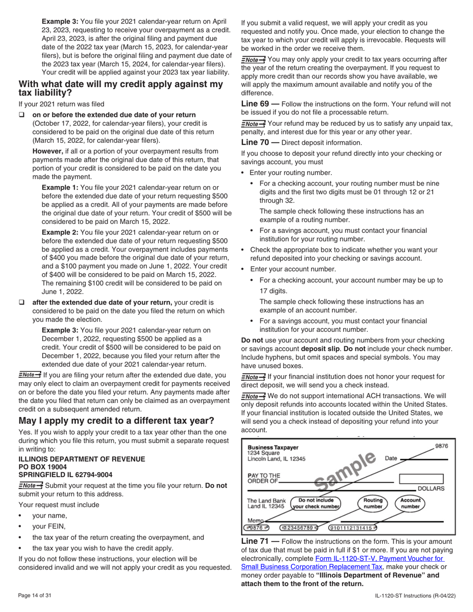 Instructions for Form IL-1120-ST Small Business Corporation Replacement Tax Return - Illinois, Page 14