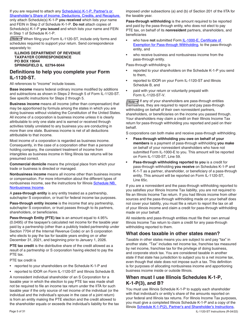 Instructions for Form IL-1120-ST Small Business Corporation Replacement Tax Return - Illinois, Page 5
