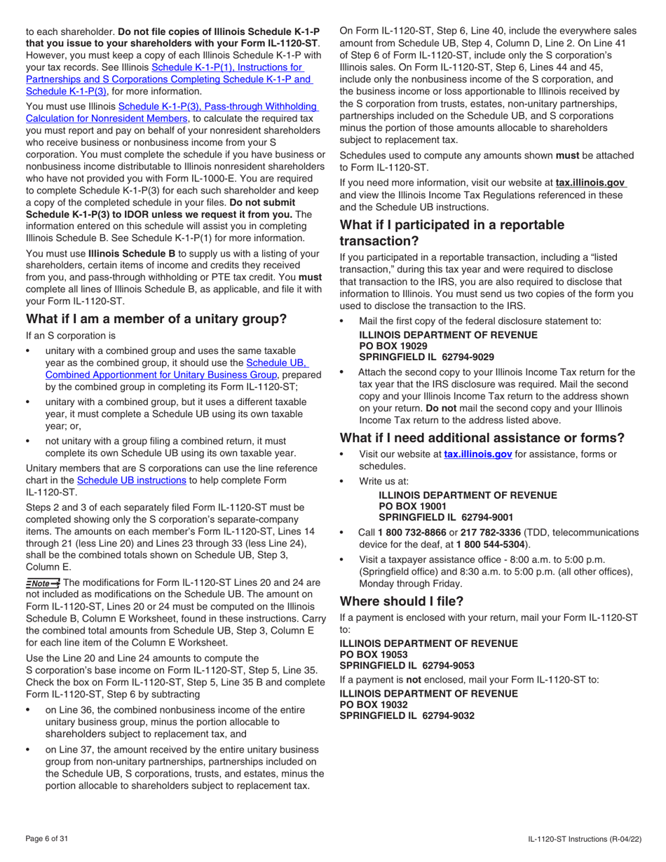 Instructions for Form IL-1120-ST Small Business Corporation Replacement Tax Return - Illinois, Page 6