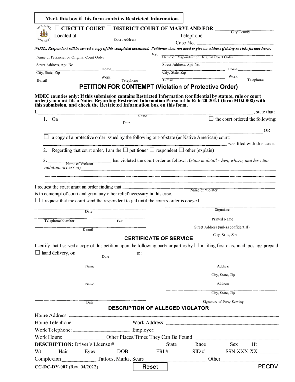 Form CC-DC-DV-007 Petition for Contempt (Violation of Protective Order) - Maryland, Page 1