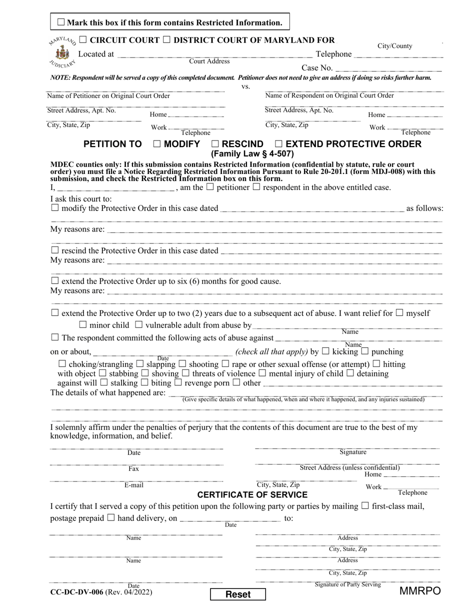 Form CC-DC-DV-006 Petition to Modify / Rescind / Extend Protective Order - Maryland, Page 1
