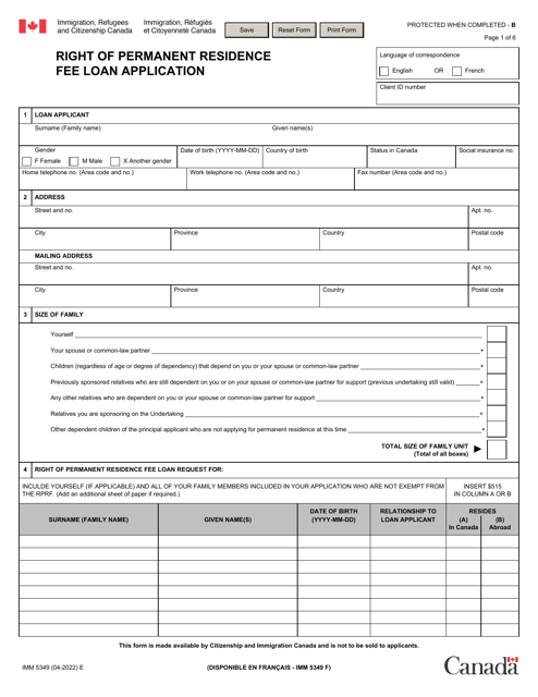 Form IMM5349 Right of Permanent Residence Fee Loan Application - Canada