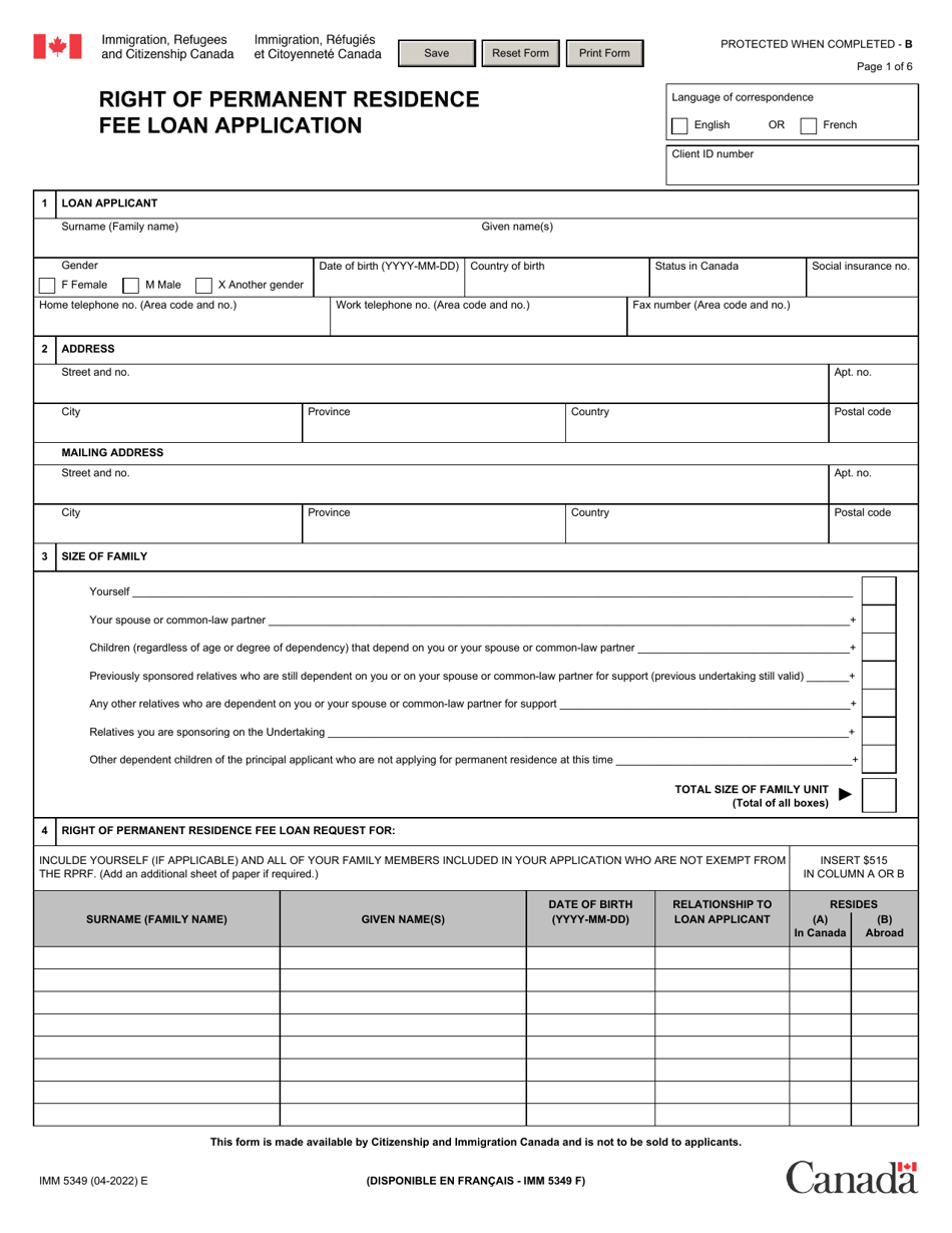 Form IMM5349 Download Fillable PDF Right of Permanent Residence Fee