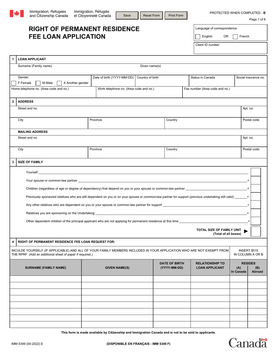 Form IMM5349 Right of Permanent Residence Fee Loan Application - Canada, Page 1