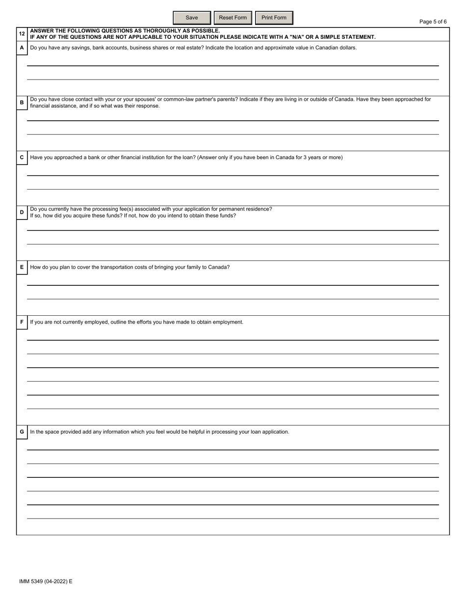 Form IMM5349 Right of Permanent Residence Fee Loan Application - Canada, Page 5