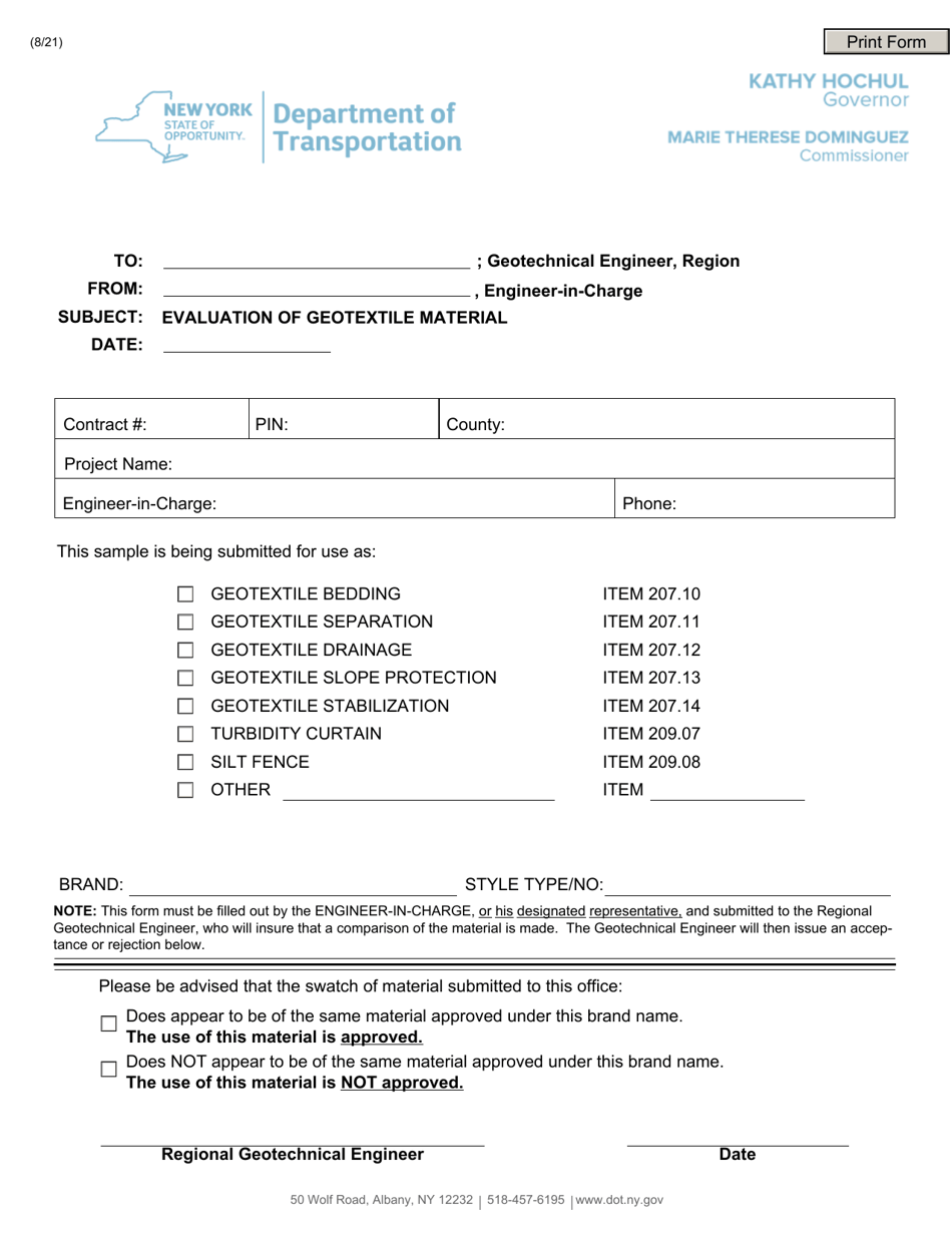 Form CONR557 Evaluation of Geotextile Material - New York, Page 1