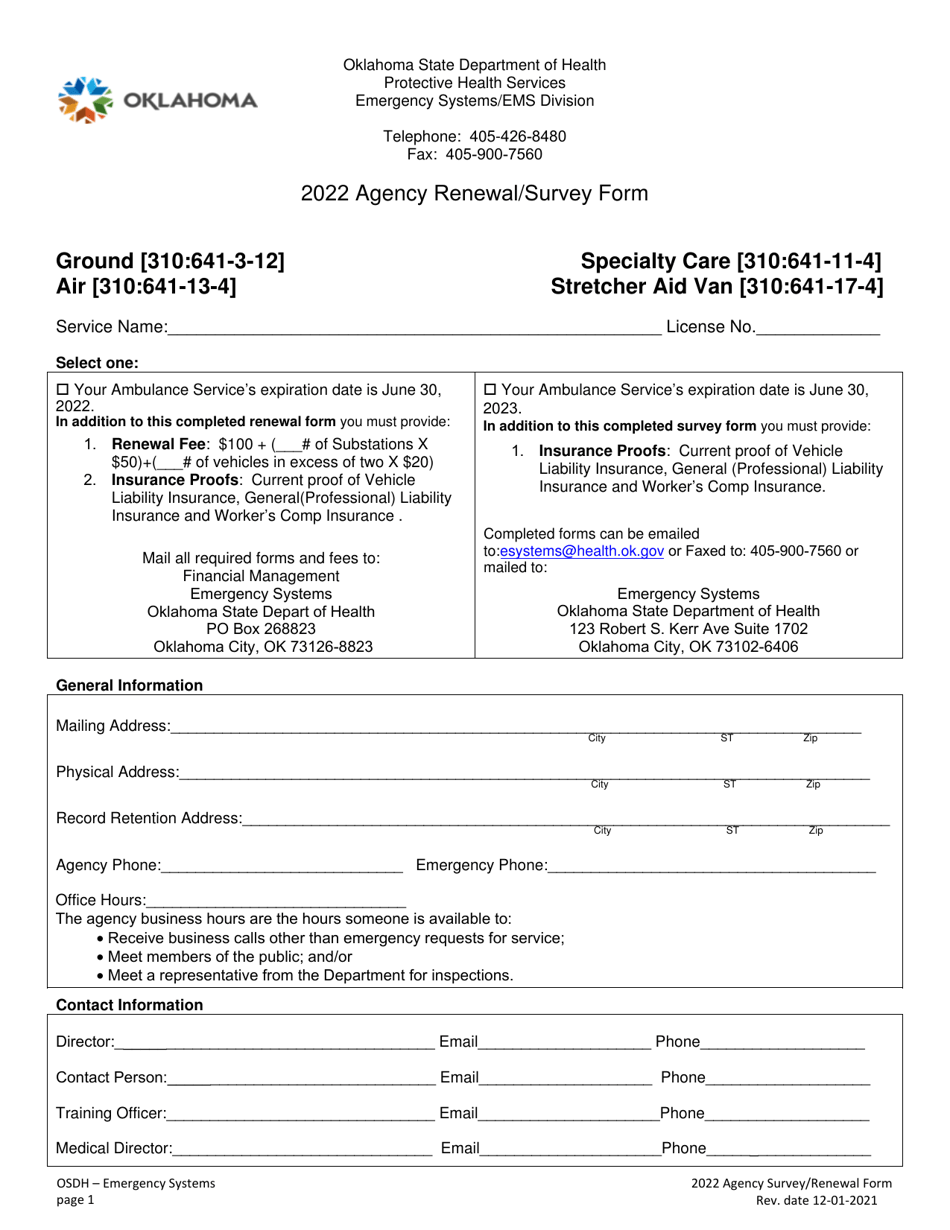 Agency Renewal / Survey Form - Oklahoma, Page 1