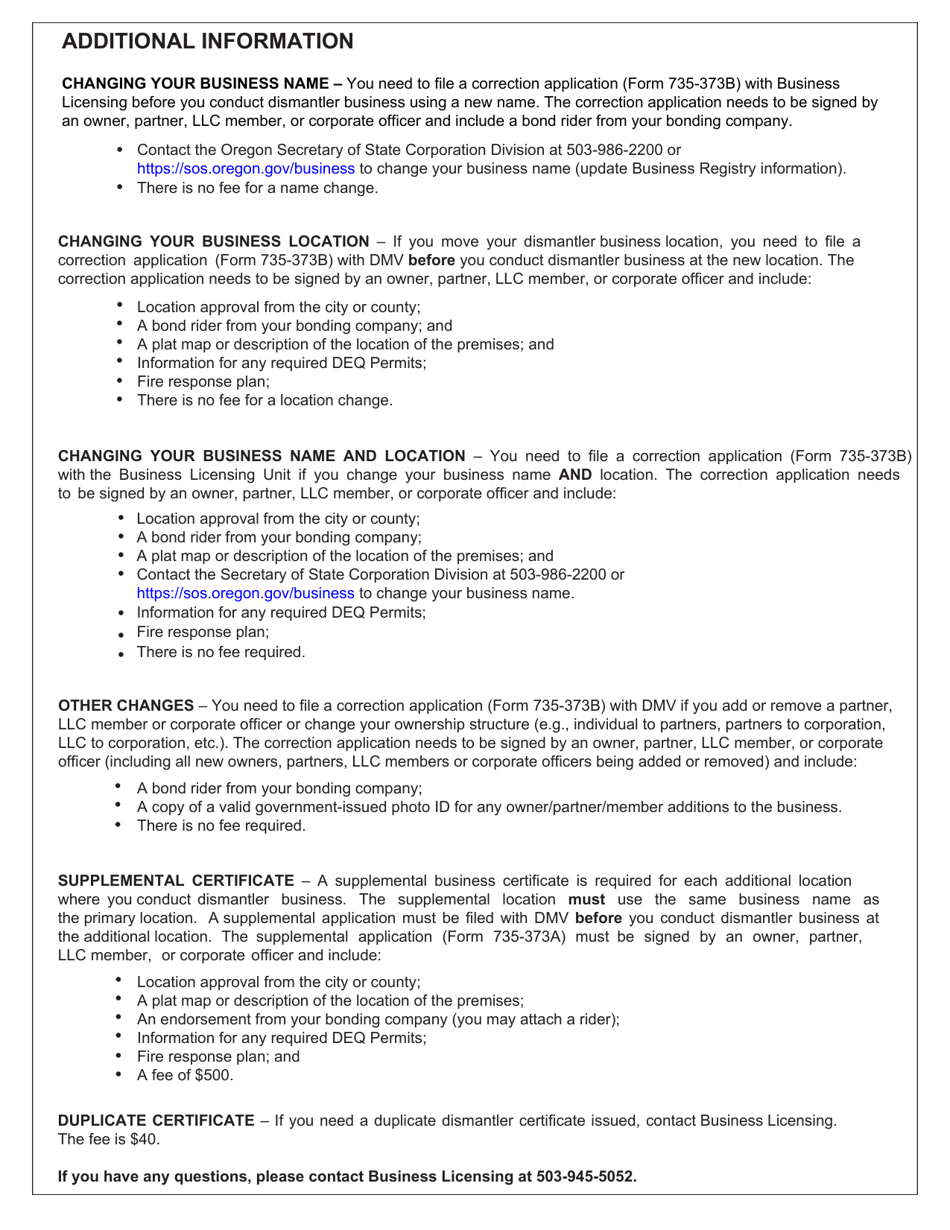 Form 735-373 Application for Annual Business Certificate as a Dismantler of Motor Vehicles or Salvage Pool Operator - Oregon, Page 2