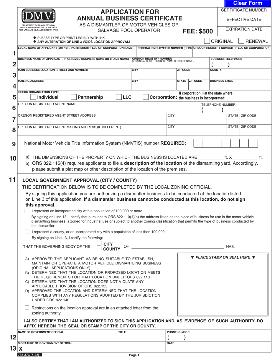 Form 735-373 Application for Annual Business Certificate as a Dismantler of Motor Vehicles or Salvage Pool Operator - Oregon, Page 3