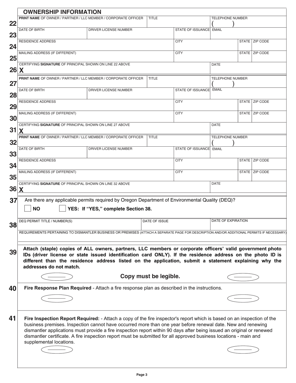Form 735-373 Application for Annual Business Certificate as a Dismantler of Motor Vehicles or Salvage Pool Operator - Oregon, Page 5