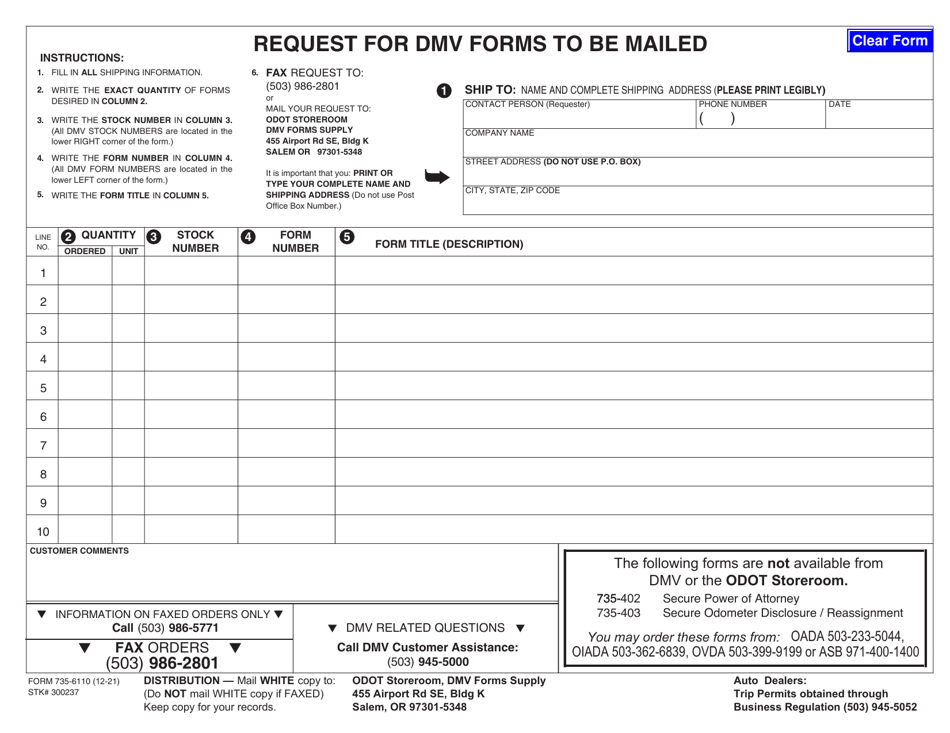 Form 735-6110 Request for DMV Forms to Be Mailed - Oregon, Page 1