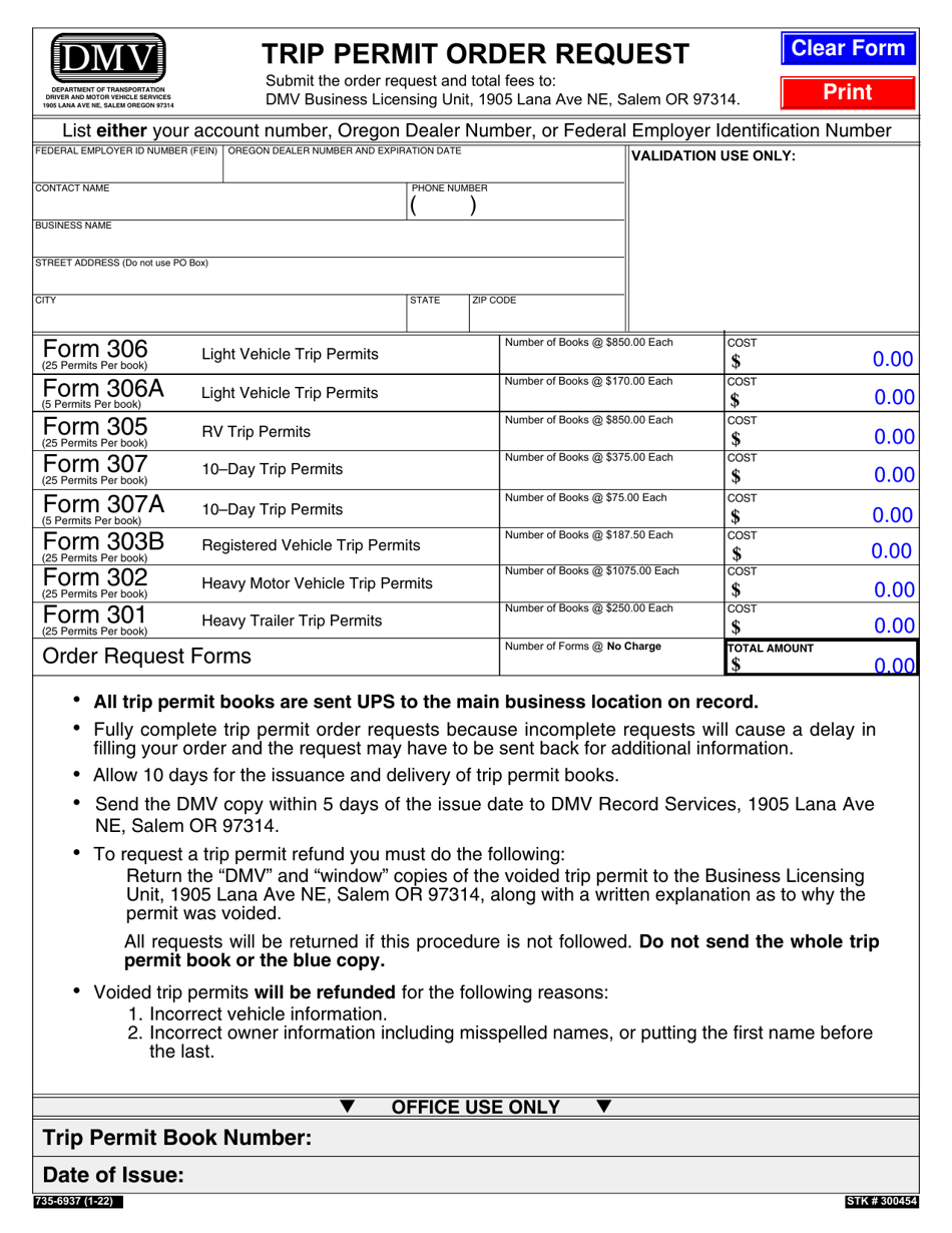 Form 735-6937 Trip Permit Order Request - Oregon, Page 1