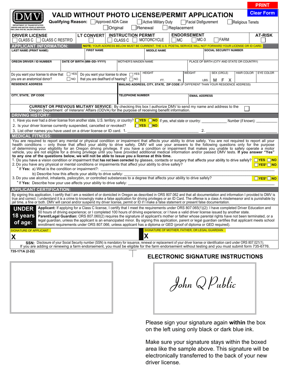 Form 735-171A Valid Without Photo License / Permit Application - Oregon, Page 1