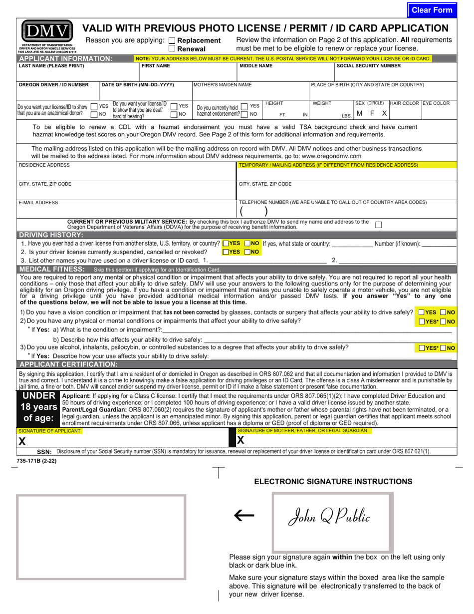 Form 735-171B Valid With Previous Photo License / Permit / Id Card Application - Oregon, Page 1