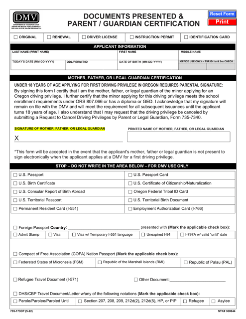 Form 735-173DP Documents Presented & Parent/Guardian Certification - Oregon