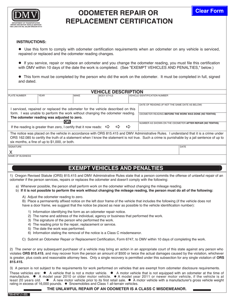 Form 735-6747 Odometer Repair or Replacement Certification - Oregon, Page 1