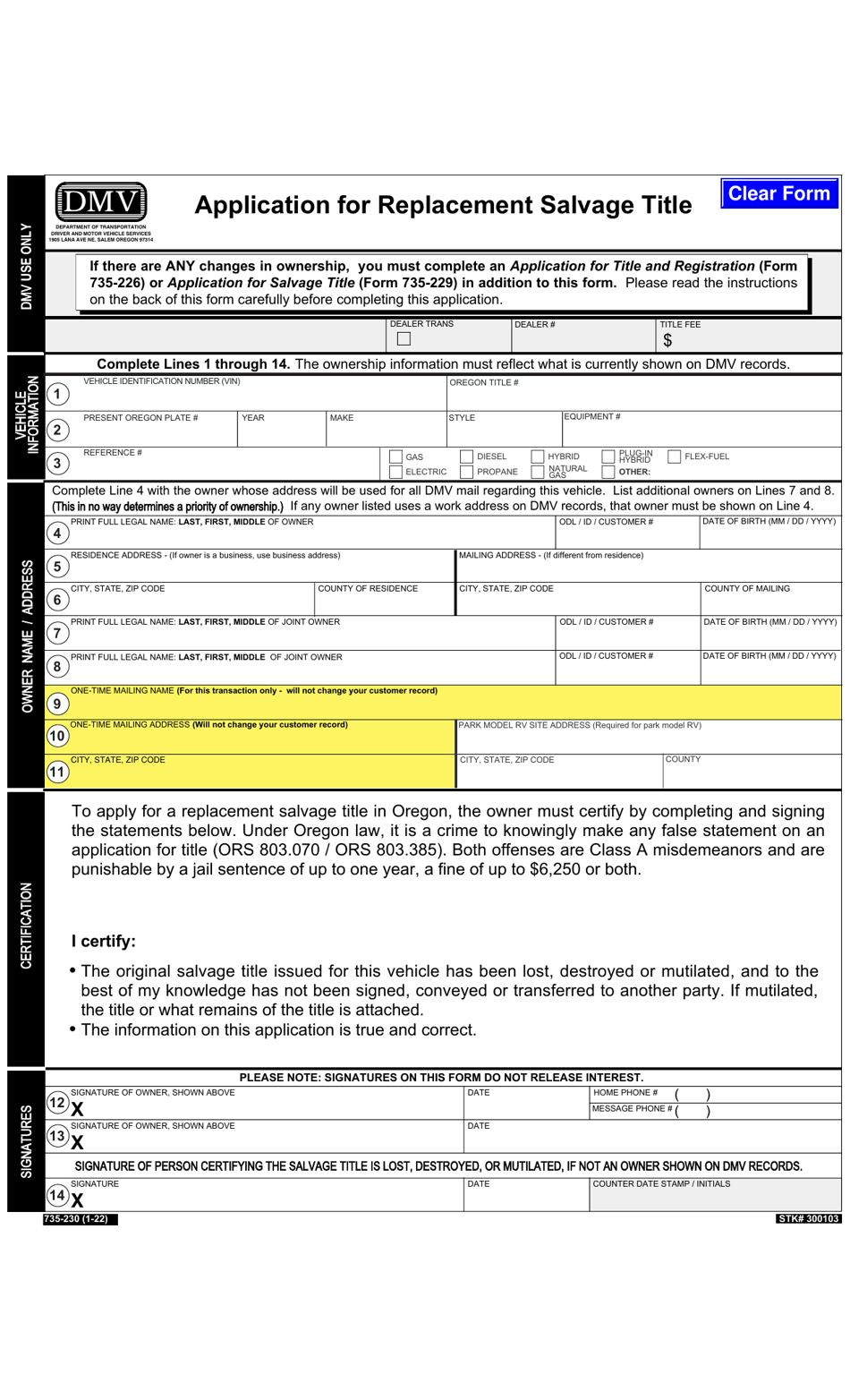 Form 735-230 Application for Replacement Salvage Title - Oregon, Page 1