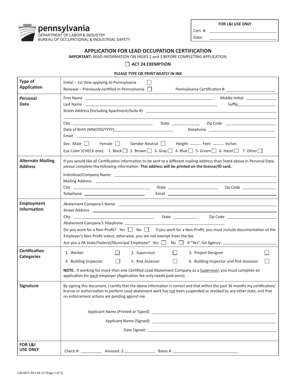 Form LIBI-607L Application for Lead Occupation Certification - Pennsylvania, Page 1