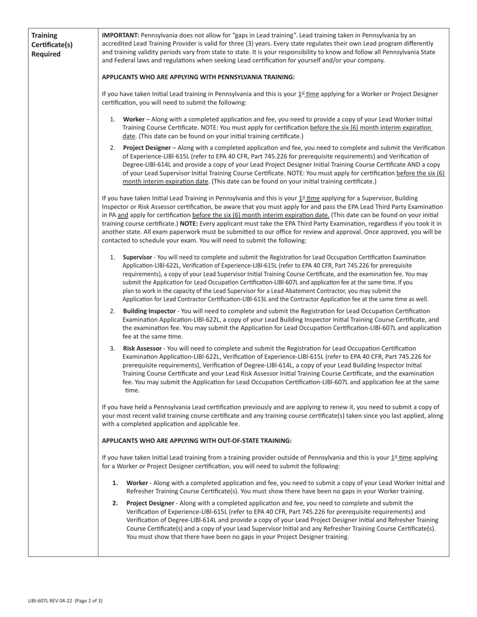 Form LIBI-607L Application for Lead Occupation Certification - Pennsylvania, Page 2