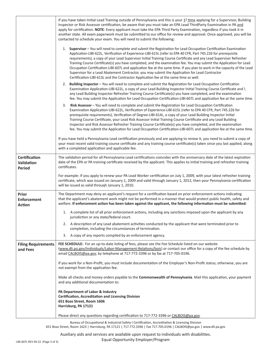 Form LIBI-607L Application for Lead Occupation Certification - Pennsylvania, Page 3